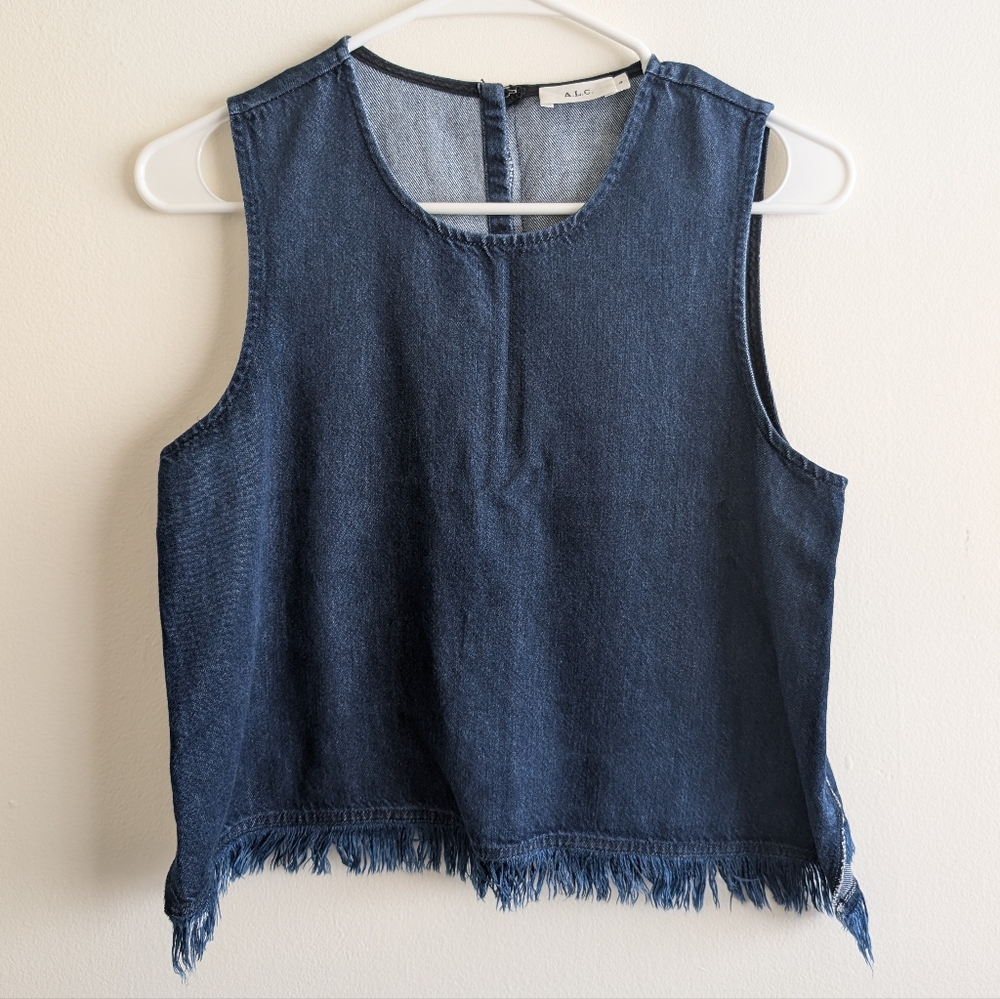 Womens A.L.C Dark Blue Denim Sleeveless Fringe Trim Top